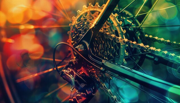 Chain, bicycle, gears close up, focus on, copy space vibrant colors, Double exposure silhouette with cycling motion