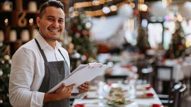 A decorator with clipboard with festive setting in banquet hall.