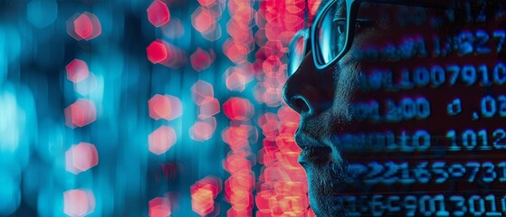 Binary code, digital, numbers close up, focus on, copy space vibrant colors, Double exposure silhouette with computer screen