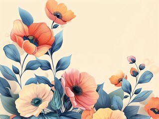 Beautiful watercolor floral arrangement with orange and pink poppies and blue leaves on a beige background.