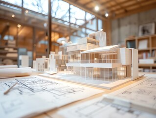 Architectural firm office with blueprints and models