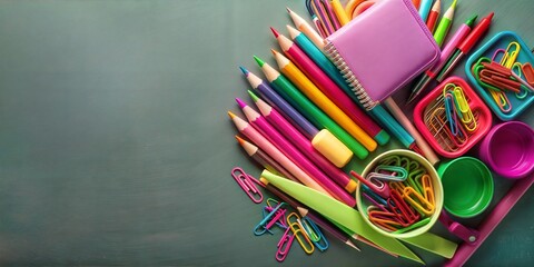 Assorted school supplies including pencils, notebooks, and scissors arranged on a desk, ready for educational activities and classroom use, background with copy space