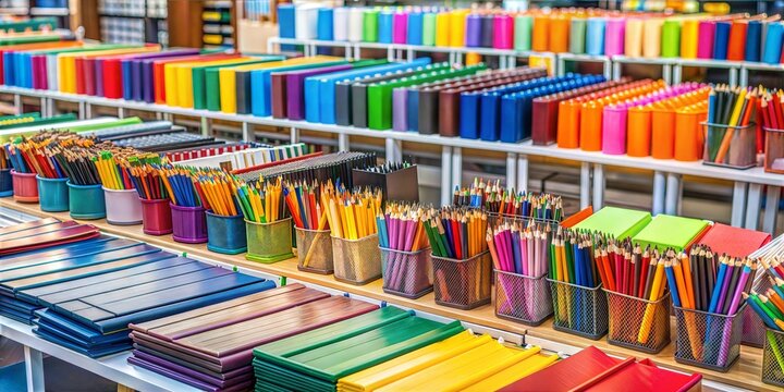 Organized and vibrant display of school supplies, with pencils, notebooks, and folders neatly arranged in a retail setting