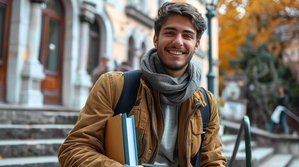 Happy Male Student Holding Books Outside University Building on a Fall Day