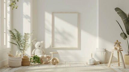 Minimalist Nursery Decor with White and Wooden Toys, frame mockup, 3d render, 3d illustrations.