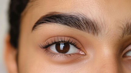 Close-up of a woman's perfectly groomed eyebrows, highlighting their natural shape and definition