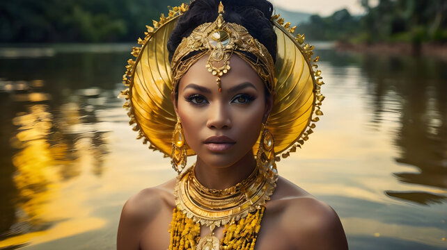 Graceful Oxum: Goddess of Fresh Waters in Golden Glow. Umbanda Brazilian Entity