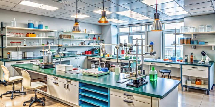 Students in lab coats conduct scientific experiments in a wellequipped modern chemistry class laboratory with bright natural light
