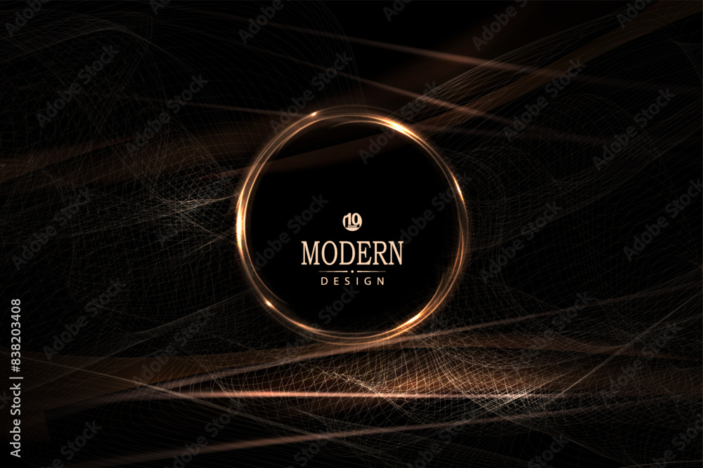 Wall mural composition with a wavy mesh pattern and a round frame in a gold tone.