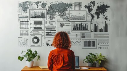 Businesswoman Analyzing Data on Wall with Laptop in Modern Office