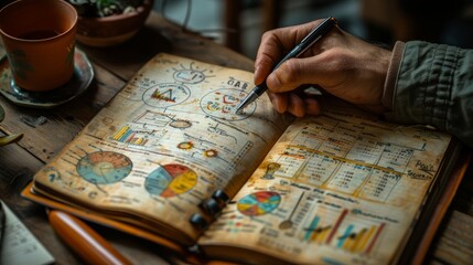 Top View of Hand Drawing Marketing Strategy on Notebook With Graphs and Charts