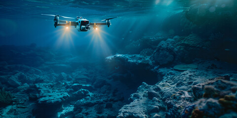 A drone with lights shining down underwater, exploring the ocean floor. Underwater photography using a wide-angle lens with bright lighting, marine life visible along with coral reefs in the backgroun