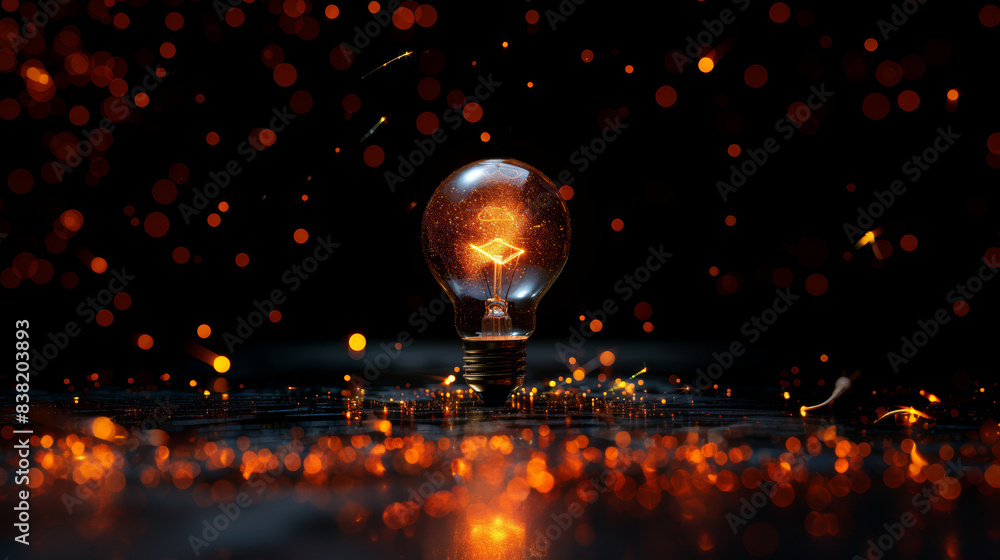 Poster glowing light bulb with shining fibers amidst sparkling orange bokeh background