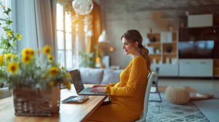 Pregnant Woman Working From Home on a Laptop in a Cozy Living Room