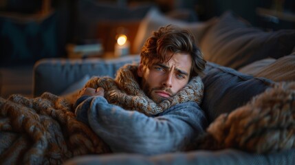 Fototapeta premium Young Man with Stomachache Lying on Couch in Cozy Winter Setting