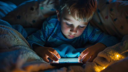 Little child is addicted to a phone, Sleepy boy lying in bed using a smartphone, Insomnia, and addicted. Sad bored in bed scrolling through social networks at night in the dark