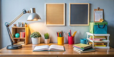 Wellorganized study space with books, stationery, and plants, featuring empty picture frames ready for personal customization, background with copy space