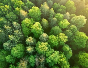 Fototapeta premium Summer in aerial view of the forest. green deciduous trees. Drone shooting over a colorful green texture in nature