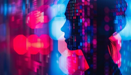 Binary encryption, secure, cyber close up, focus on, copy space vibrant colors, Double exposure silhouette with padlock icon