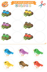 Learning colors green, brown, red, yellow, pink, black Cut and glue educational children game. Matching game worksheet for kids. Match by color. Birds and nests