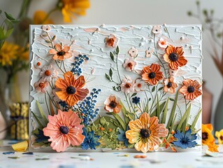 Textured floral painting with orange and yellow flowers on a white background
