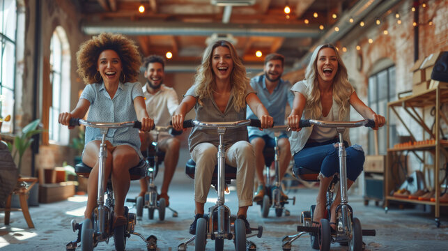 Cheerful Young Professionals Having Fun on Office Scooters During Break