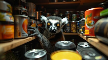 A lemur organizing a pantry, arranging cans and jars neatly on shelves and ensuring everything is in order. shiny, Minimal and Simple,