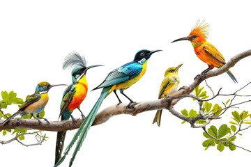 Fototapeta premium beautiful long tailed full color bird and cute little birds standing in branch of tree isolated on white background 