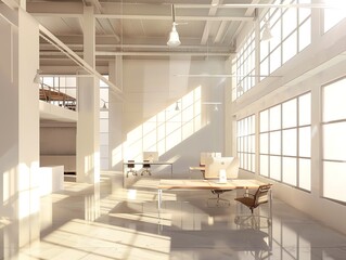 Modern workspace with minimalist design and high ceilings