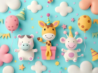 Obraz premium Cute cartoon animals celebrating a birthday with balloons and confetti.