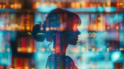 Library, reading, research close up, focus on, copy space vibrant colors, Double exposure silhouette with bookshelves