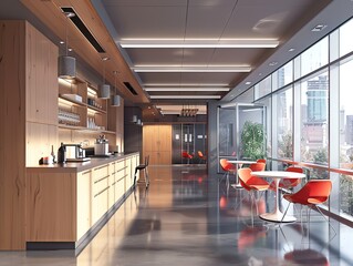 Office break room with modern kitchen and seating