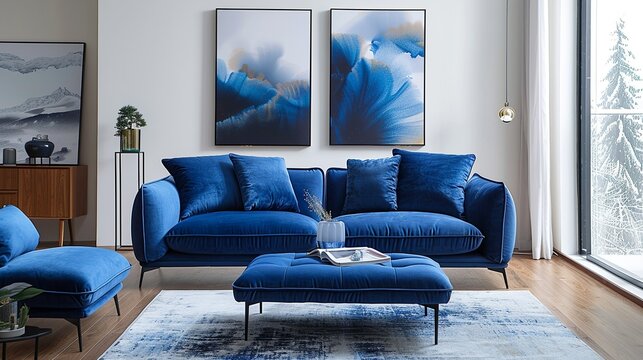 A modern armchair with clean lines and upholstered in a bold, solid color, adding a pop of contrast to the subdued palette of the living room. shiny, Minimal and Simple,