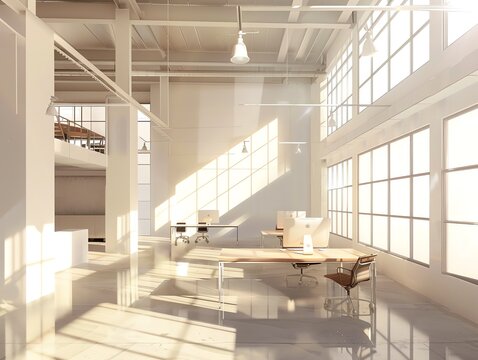 Modern workspace with minimalist design and high ceilings