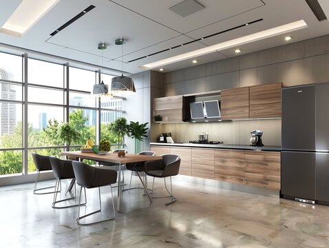 Office break room with modern kitchen and seating