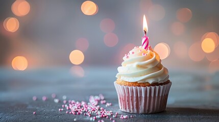 Single cupcake with a lit candle, perfect for birthday celebrations.