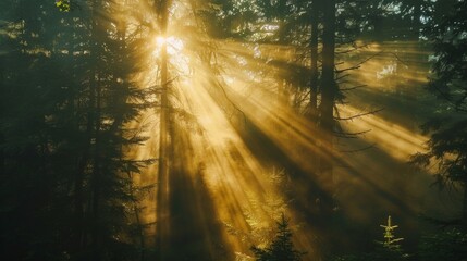 Obraz premium Sunbeams Through Pine Forest