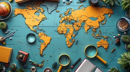 A vibrant world map background adorned with educational tools like a globe, books, and a magnifying glass on various countries, ample copy space at the bottom to promote international student programs
