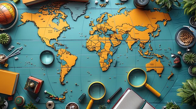 A vibrant world map background adorned with educational tools like a globe, books, and a magnifying glass on various countries, ample copy space at the bottom to promote international student programs