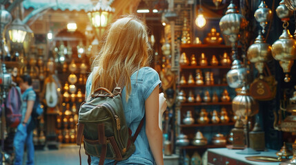 Fototapeta premium Young traveling girl visits a copper souvenir handicraft shop in Marrakesh, Morocco - Travel lifestyle concept