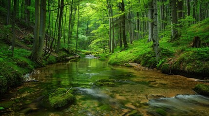 Obraz premium Serene forest stream in lush green woods