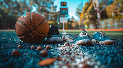 A well-kept sports field with a basketball, soccer ball, and running shoes arranged in the foreground, a scoreboard at the top serving as a unique copy space for school sports program announcements