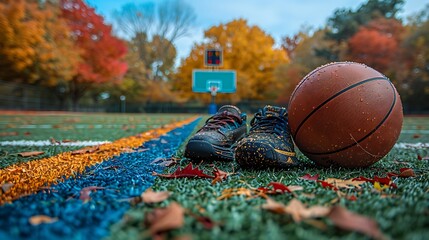 A well-kept sports field with a basketball, soccer ball, and running shoes arranged in the foreground, a scoreboard at the top serving as a unique copy space for school sports program announcements