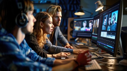 Editorial team collaborating on a video editing timeline, discussing transitions and pacing for a cohesive storytelling experience