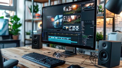 Editor's workspace with a computer monitor showing a detailed video editing timeline, highlighting the meticulous process of post-production work