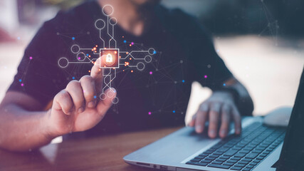 Cyber Protection Data Security Internet Privacy, Internet and technology concept on virtual screen. Man touching on lock icon.