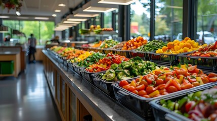 A well-lit cafeteria scene showcasing a variety of nutritious school meals like vegetable wraps, fruit bowls, and whole grain sandwiches.