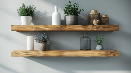 Minimalist floating shelves mounted on the wall, displaying a curated selection of decorative items and small plants to add interest without cluttering the space. shiny, Minimal and Simple,