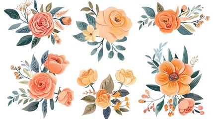Beautiful romantic flower collection with roses, leaves, floral bouquets, flower compositions