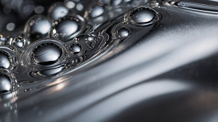 Abstract Close-Up of Silver Liquid Metal with Droplets and Reflections
